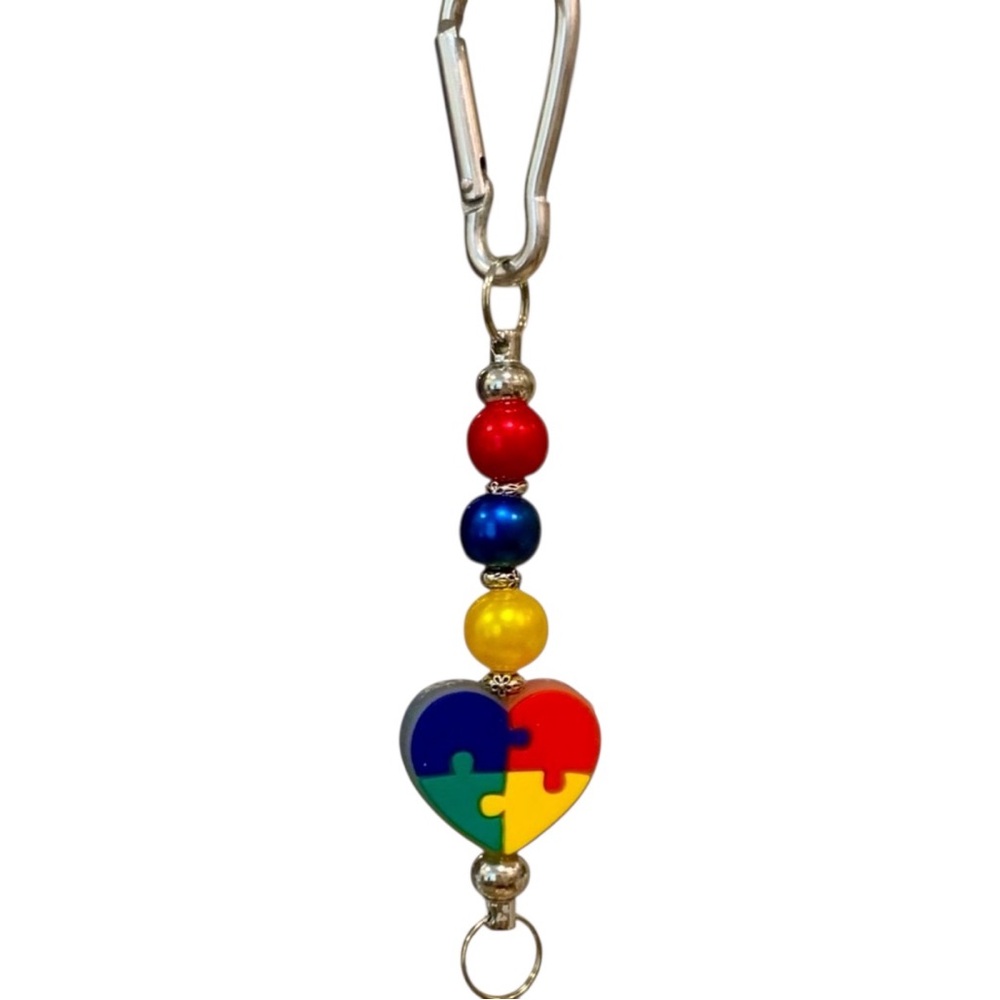 Autism Awareness Puzzle Heart Colorful Beaded for Keychain, Bag, or Backpack